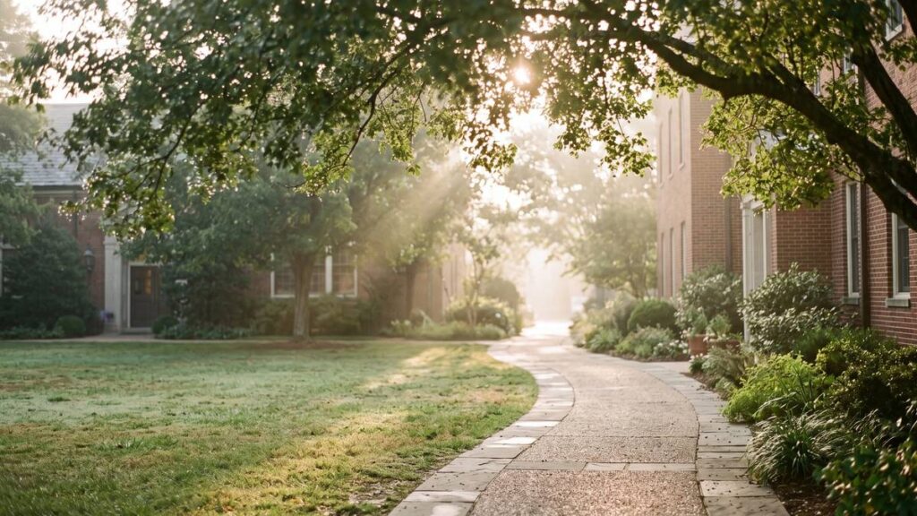 A sunlit, tree-lined school pathway in morning mist, reflecting respectful relationships education in a Christian school